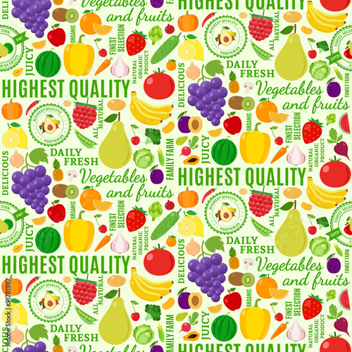 Typographic vector fruits and vegetables seamless pattern or bac