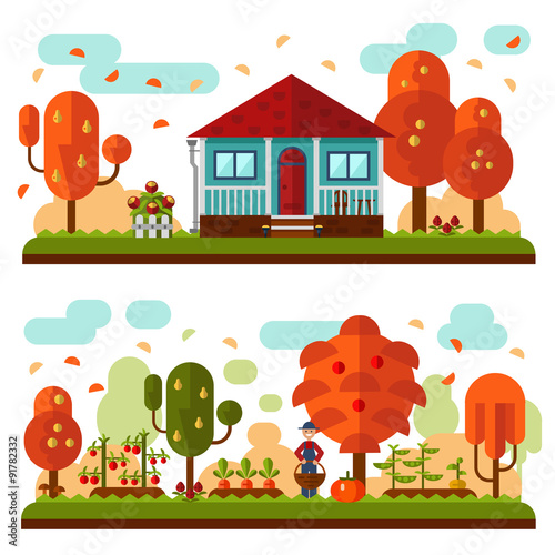 Vector flat illustration of autumn landscapes. Blue house with red roof and terrace  flowers. Garden with apple  pear trees  beds of carrots  peas  tomatoes  pumpkin  turnip. Gardener with a basket.