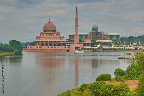 Putra mosque and Sultan's Palace on the lake in Putrajaya, Malaysia