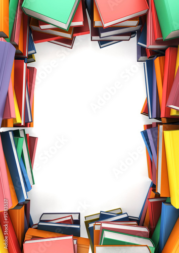 The stacks of books that form a frame on white background