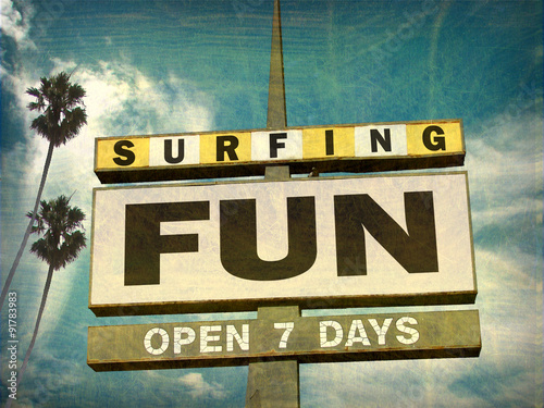 Sticker aged and worn vintage photo of surfing fun sign