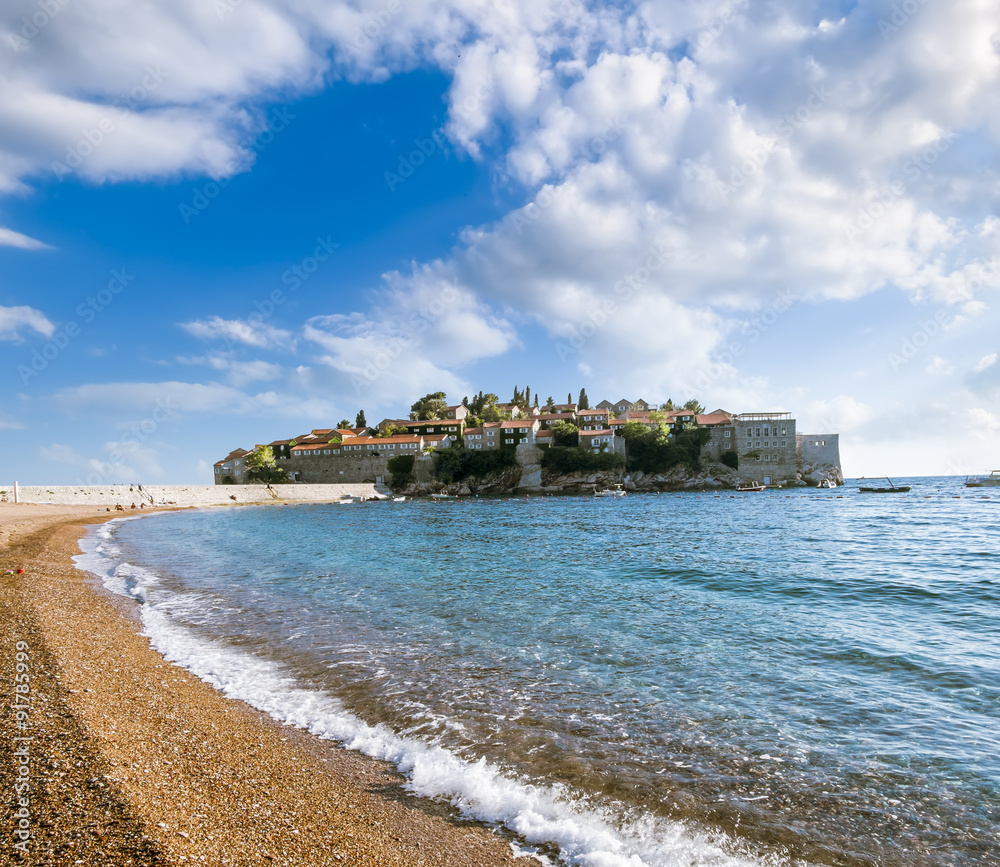 island-hotel of Sveti Stefan in Montenegro on a  summer day