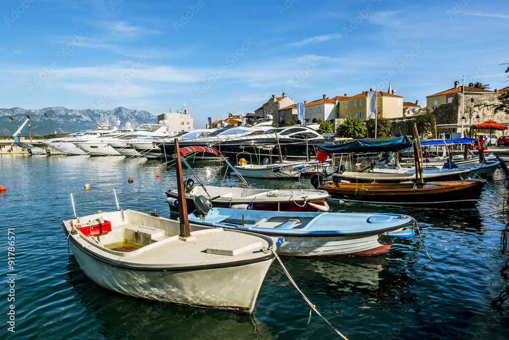 Seaport and yachts in the old town of Budva, Montenegro