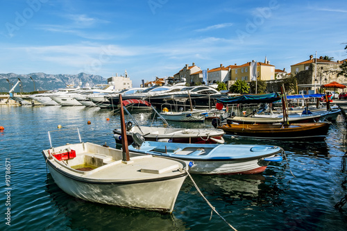 Seaport and yachts in the old town of Budva, Montenegro