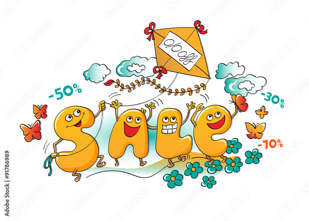 Funny characters of sale: letters fly a kite in the sky on white background  