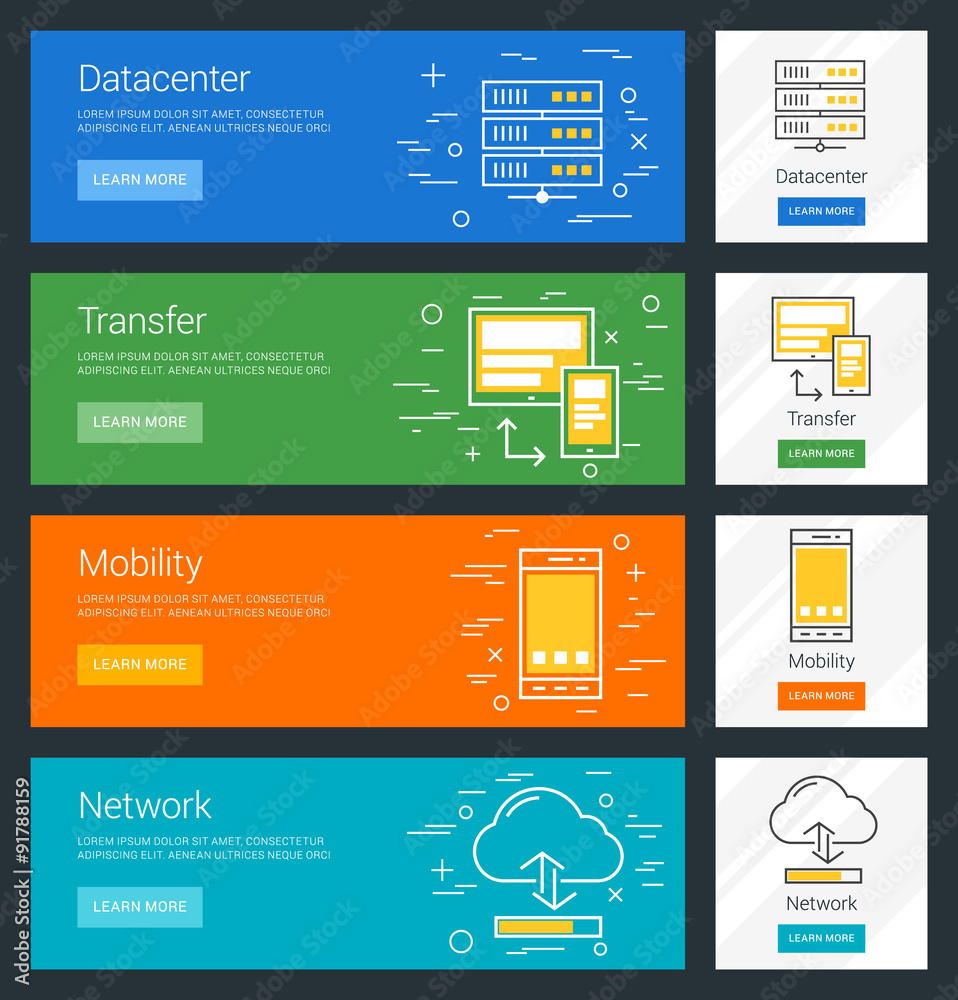 Datacenter. Transfer. Mobility. Network. Flat Design Concept. Set of Vector Web Banners Datacenter. Transfer. Mobility. Network. Flat Design Concept. Set of Vector Web Banners