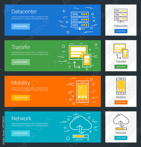 Datacenter. Transfer. Mobility. Network. Flat Design Concept. Set of Vector Web Banners