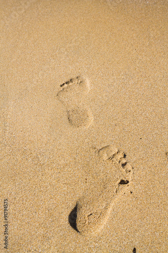 Footprints in the sand beach near the sea