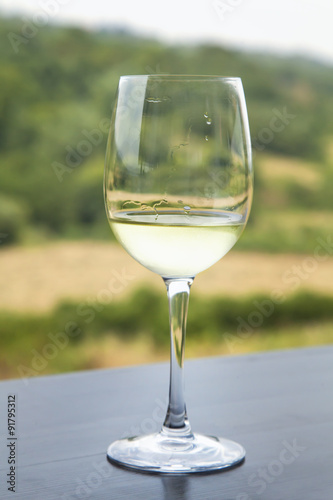 Wine glass on the terrace in vineyard.