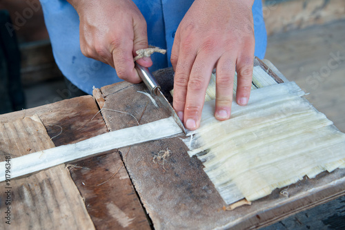 Artisan of the papyrus paper in Syracuse superimposing perpendicularly thin strips obtained from the stem of the plant photo