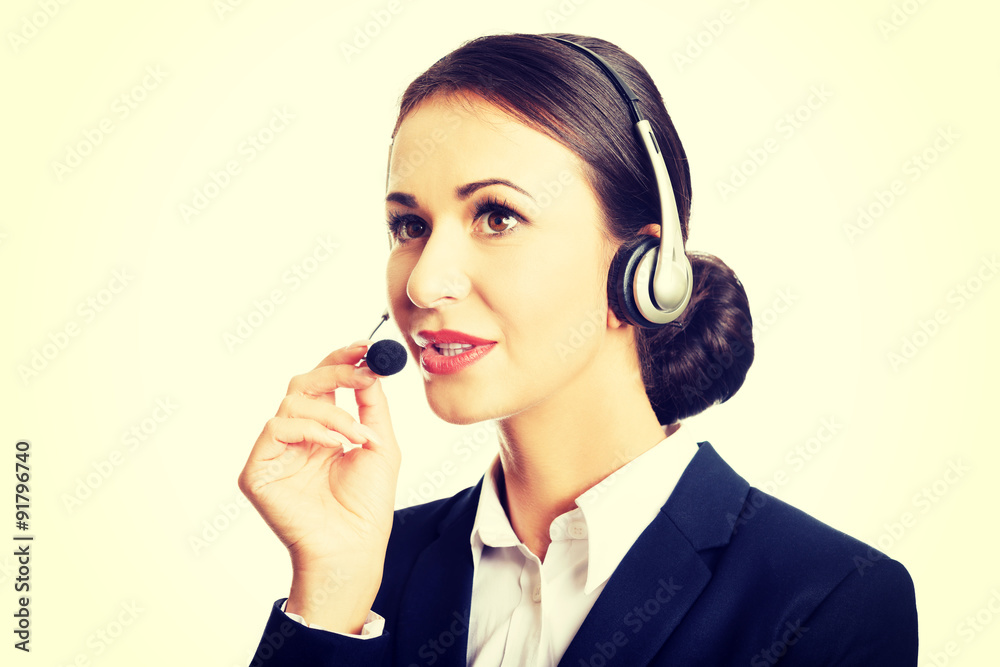 Portrait of call center woman talking to customer Portrait of call center woman talking to customer