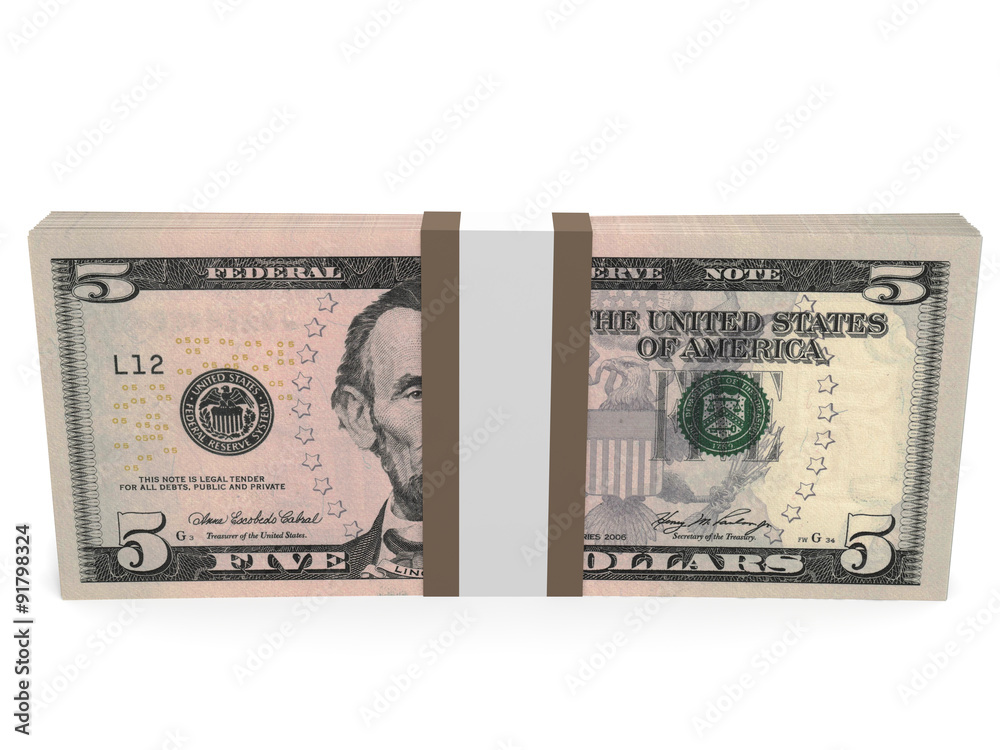 Pack of banknotes. Five dollars. Pack of banknotes. Five dollars.
