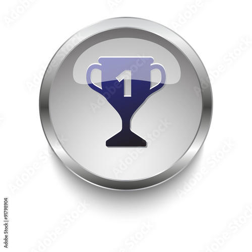 Trophy dark blue vector icon on a glossy glass button with chrom