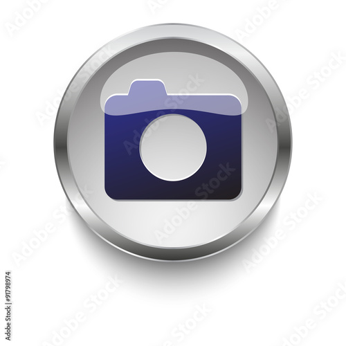 Camera dark blue vector icon on a glossy glass button with chrom