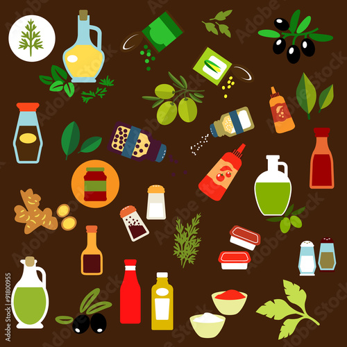 Condiments, spices, herbs and oil flat icons