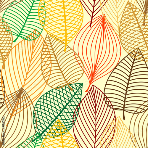 Colorful autumnal outline leaves seamless pattern