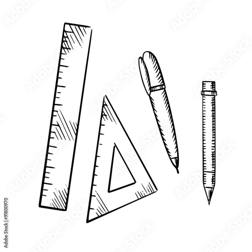 Pencil, pen, triangle and ruler sketch icons
