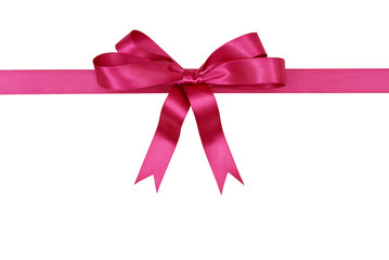 Pink gift ribbon and bow straight horizontal banner isolated on white background for birthday present or decoration vertical photo