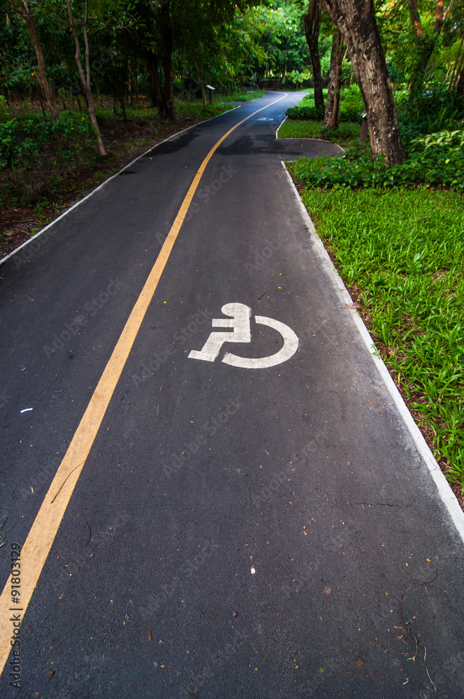 Road way cyclists and wheelchair in the garden,Thailand Road way cyclists and wheelchair in the garden,Thailand