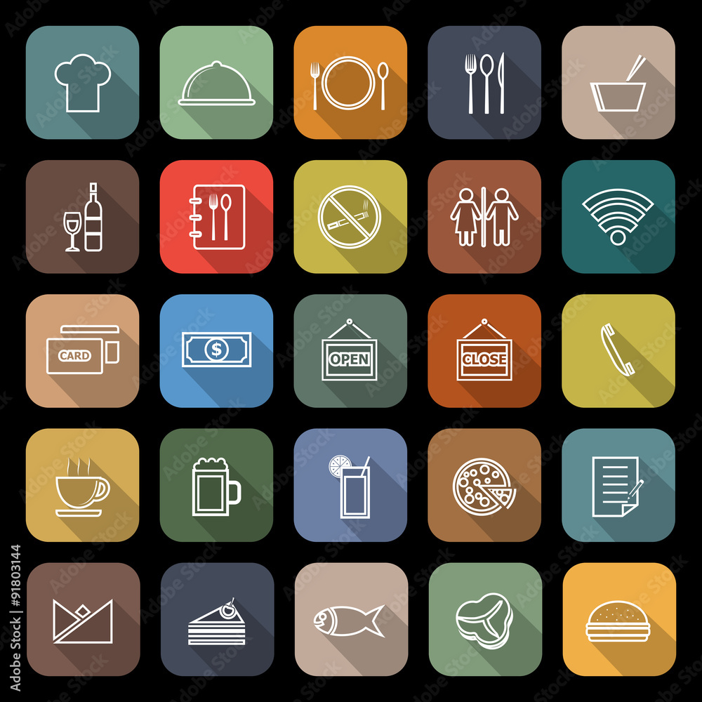 Restaurant line flat icons with long shadow Restaurant line flat icons with long shadow