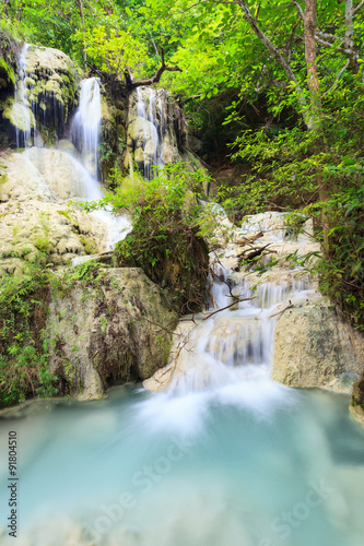 Beautiful deep forest waterfall in Thailand (Erawan Waterfall).