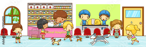 Cartoon animal vet hospital interior with owners pet dog cat and rabbit to diagnose and cure by veterinarian vet and other funny activities going, create by vector