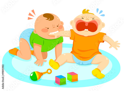 angry baby biting the hand of another baby