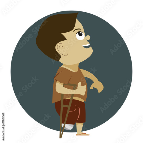 Amputated injured child in bandage with crutch: optimism and safety health concept  