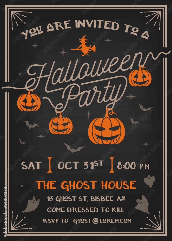 Obraz premium Typography Halloween Party Invitation card with scary pumpkins design. Vector illustration