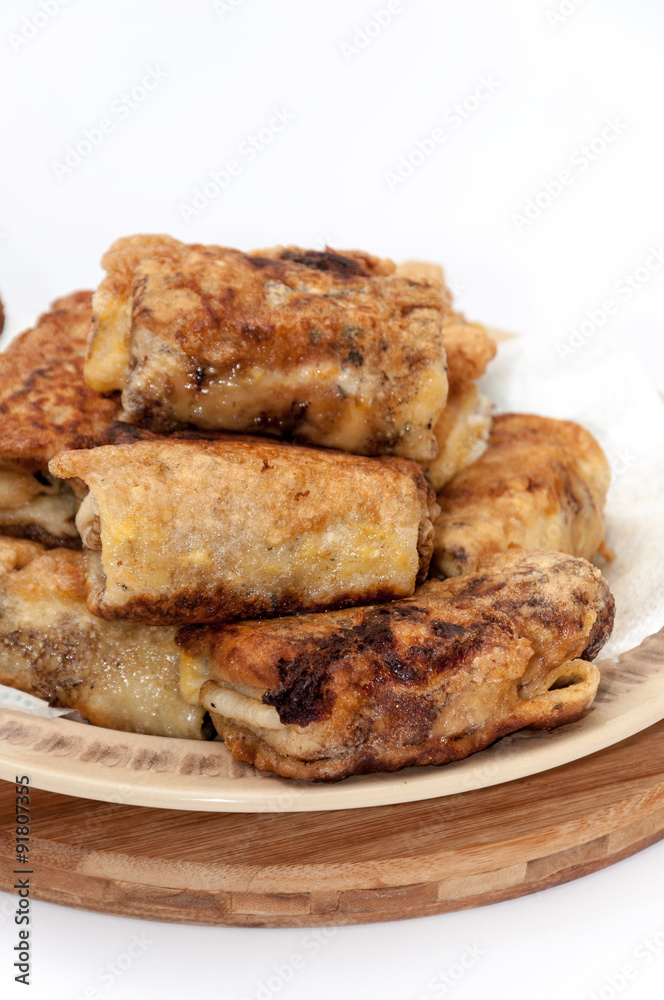 Stuffed pancakes rolled bacon sour cream salami cheese Stuffed pancakes rolled bacon sour cream salami cheese