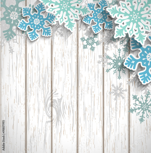 Abstract snowflakes  on white wood, winter concept, illustration