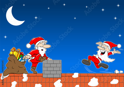 Weihnachtsmann bei der Arbeit auf einem Dach