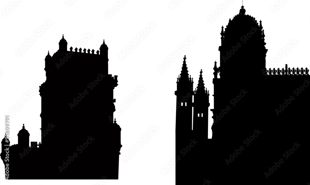 two fortress silhouettes isolated on white