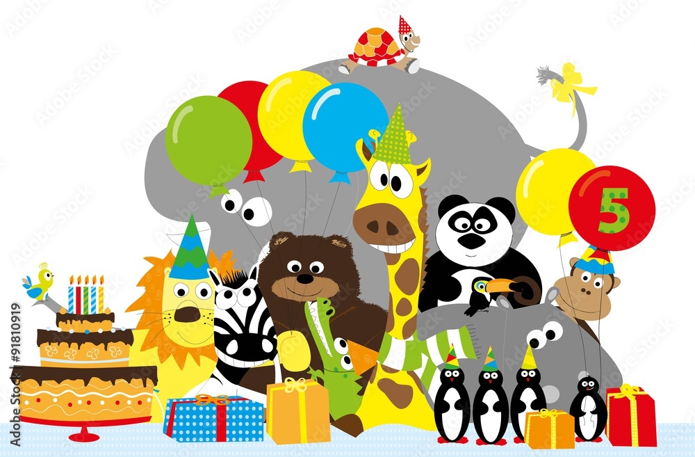 group of wild cartoon animals and 5 th birthday party elements: cake, balloons. hats, gifts / vectors for children group of wild cartoon animals and 5 th birthday party elements: cake, balloons. hats, gifts / vectors for children