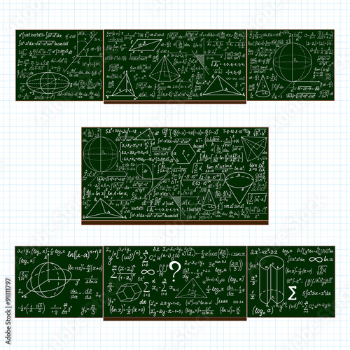 Vector set with school blackboards with handwritten mathematical calculations, plots and figures