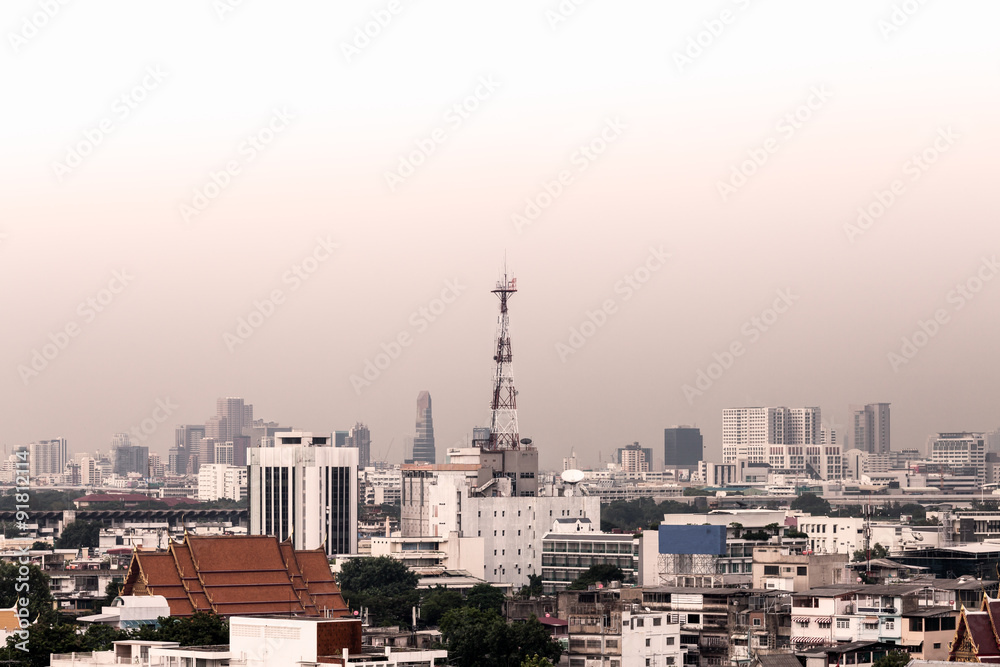 Cityscape of Bangkok, antenna of communication building in city