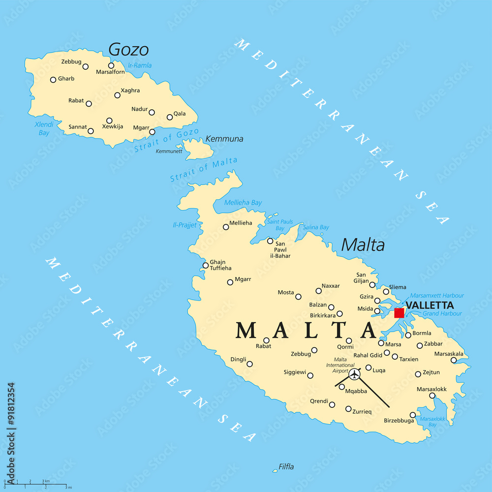 Malta political map with capital Valletta and important cities. English ...