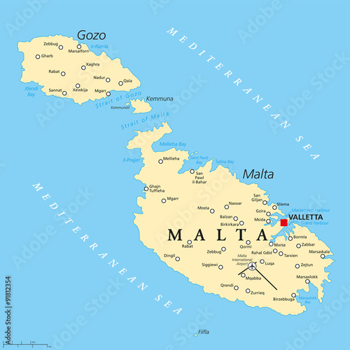 Malta political map with capital Valletta and important cities. English labeling and scaling. Illustration.