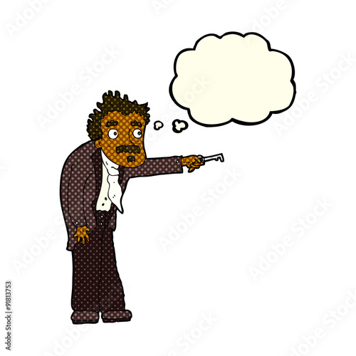 cartoon man trembling with key unlocking with thought bubble