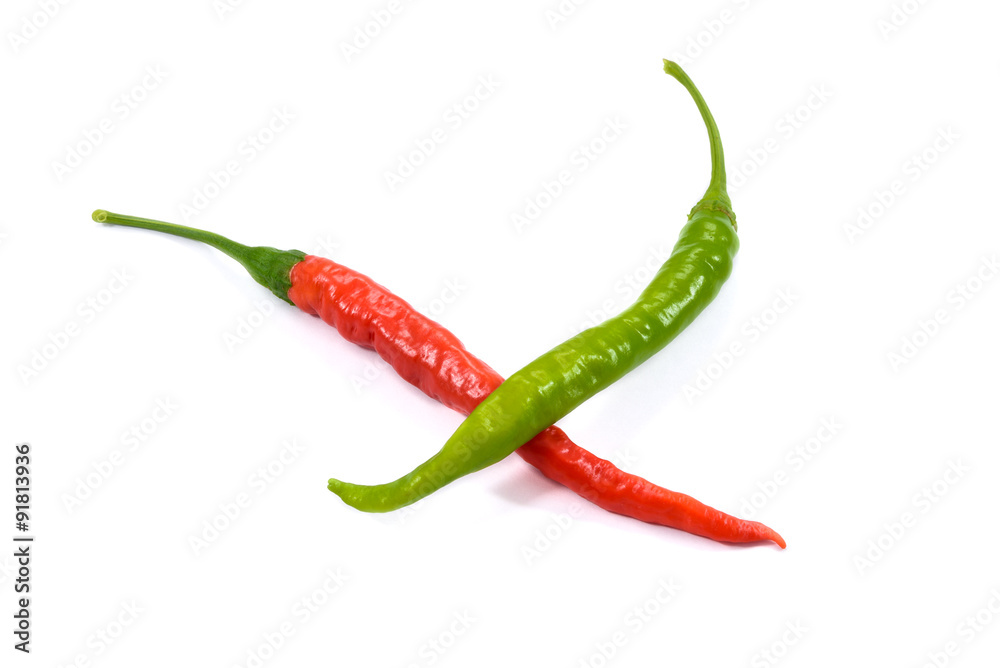 Red and Green chili hot peppers on white background Red and Green chili hot peppers on white background