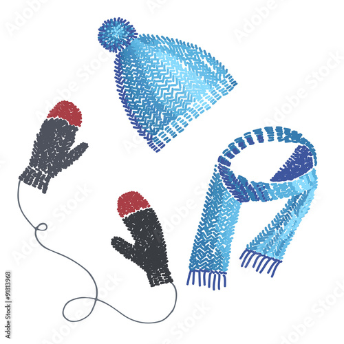 knitted hat, scarf and mittens