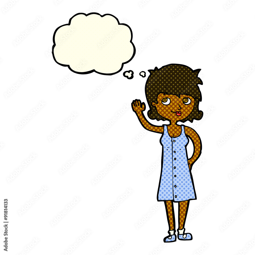 cartoon pretty woman waving with thought bubble cartoon pretty woman waving with thought bubble