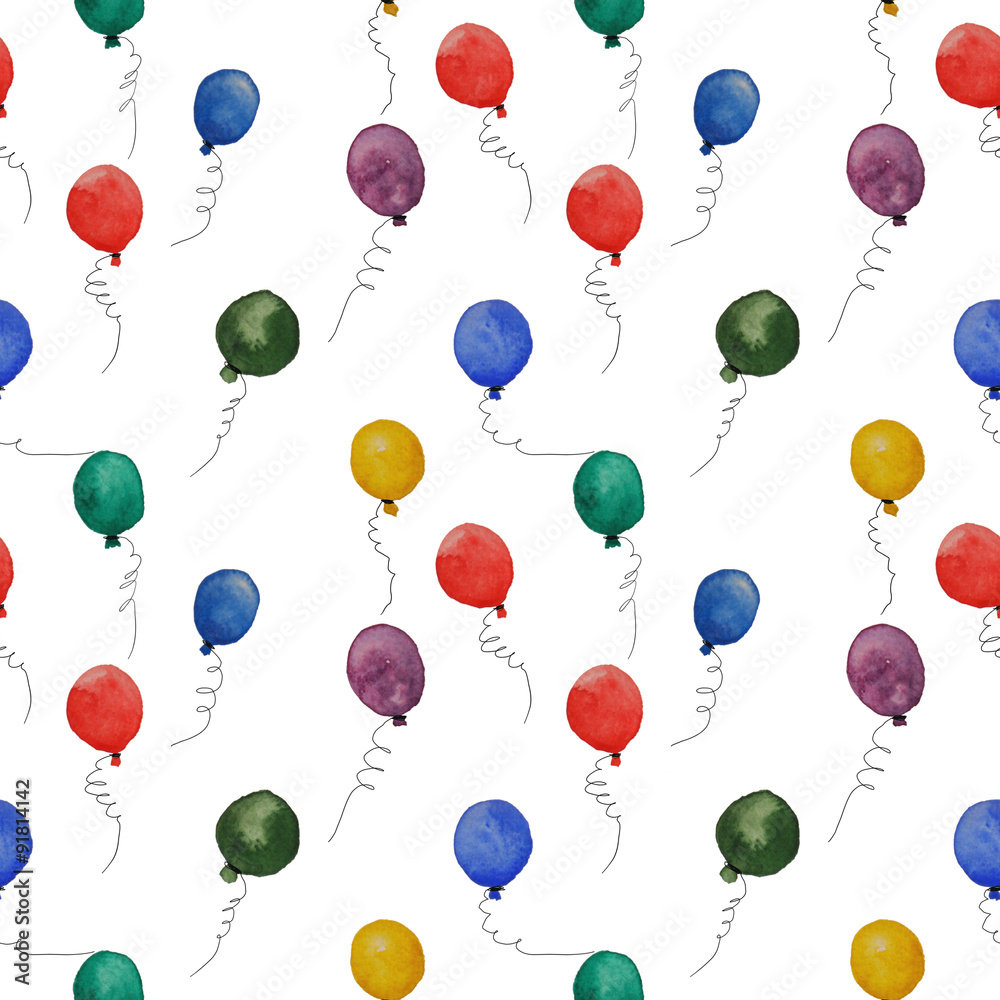 Watercolor seamless pattern with colorful air ballons on the white background, aquarelle. Hand-drawn decorative element useful for invitations, scrapbooking, design. Birthday party
