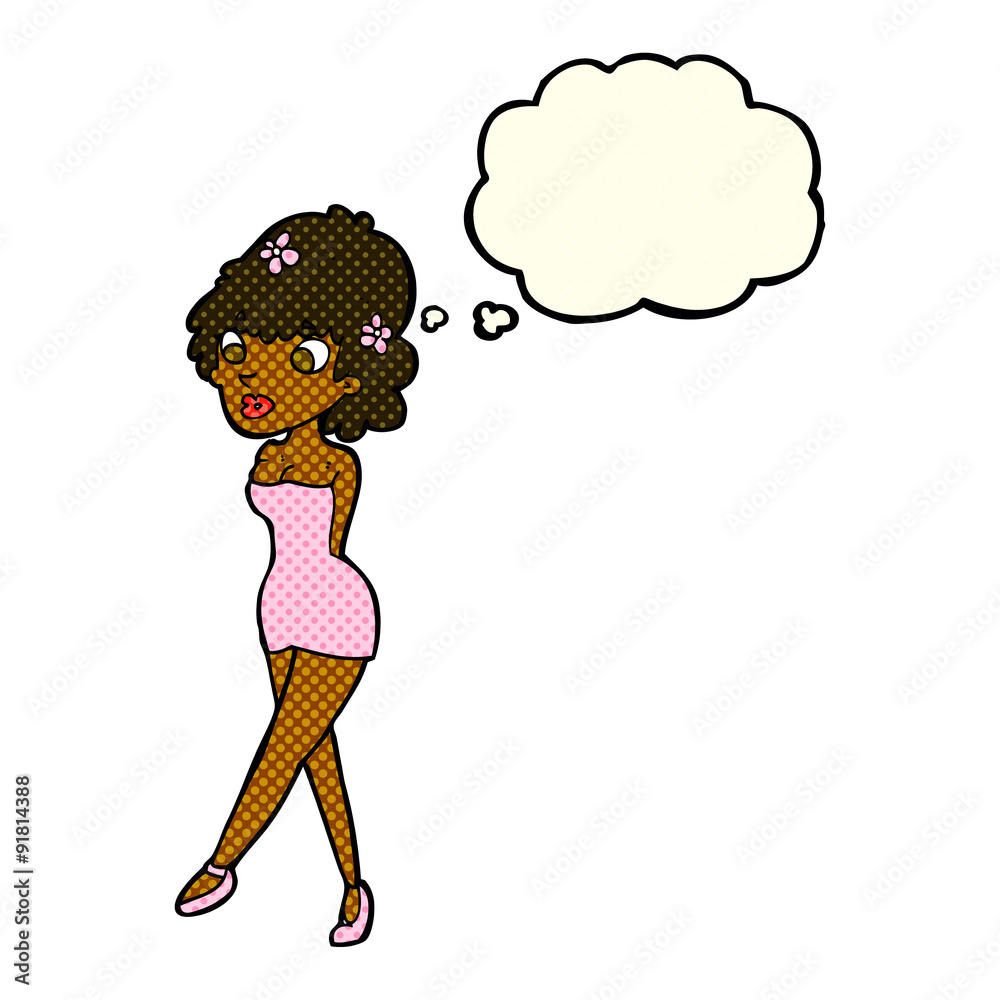 cartoon woman posing in dress with thought bubble cartoon woman posing in dress with thought bubble