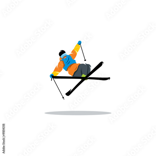 Free style skier performing a high jump. Vector Illustration.
