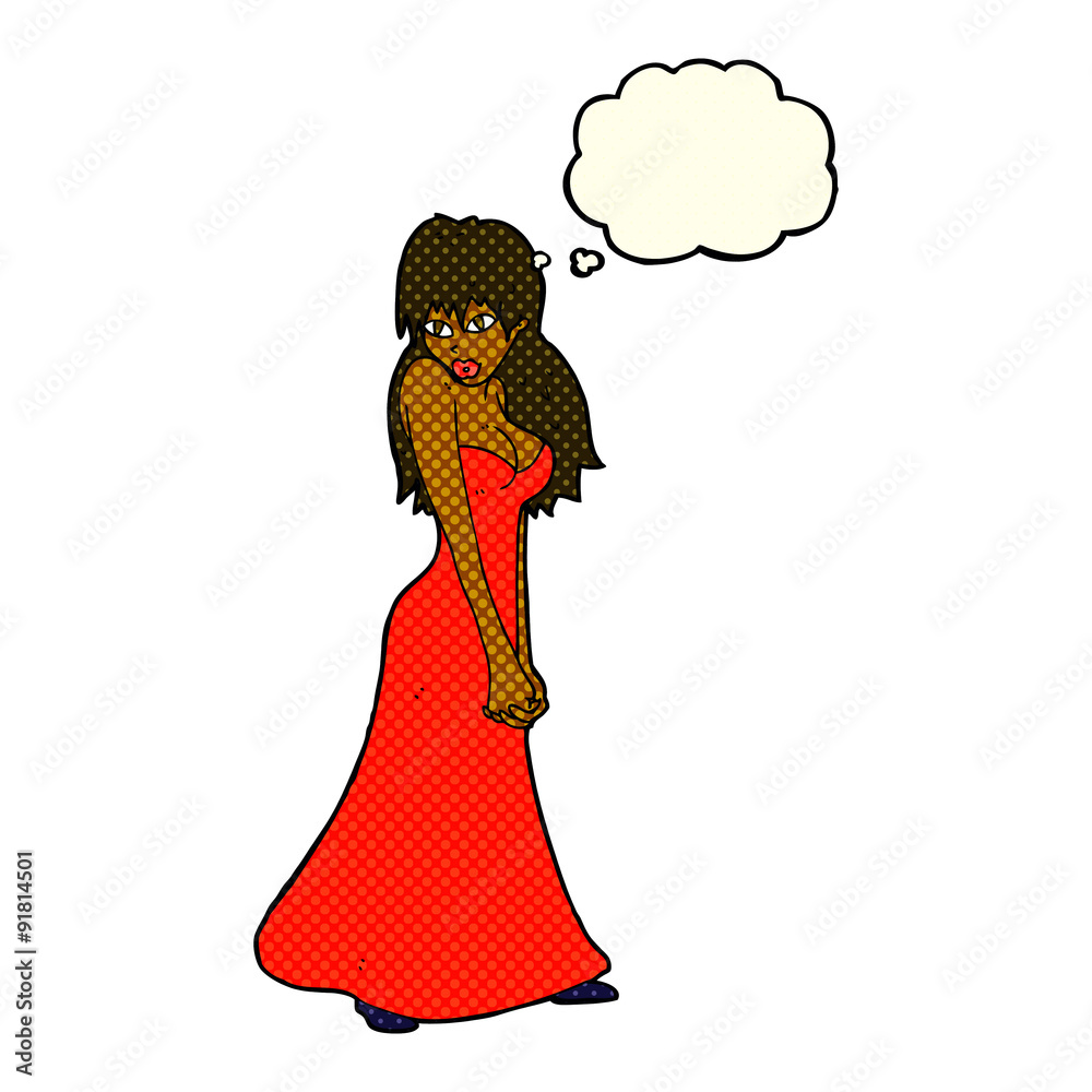 cartoon pretty woman in dress with thought bubble cartoon pretty woman in dress with thought bubble