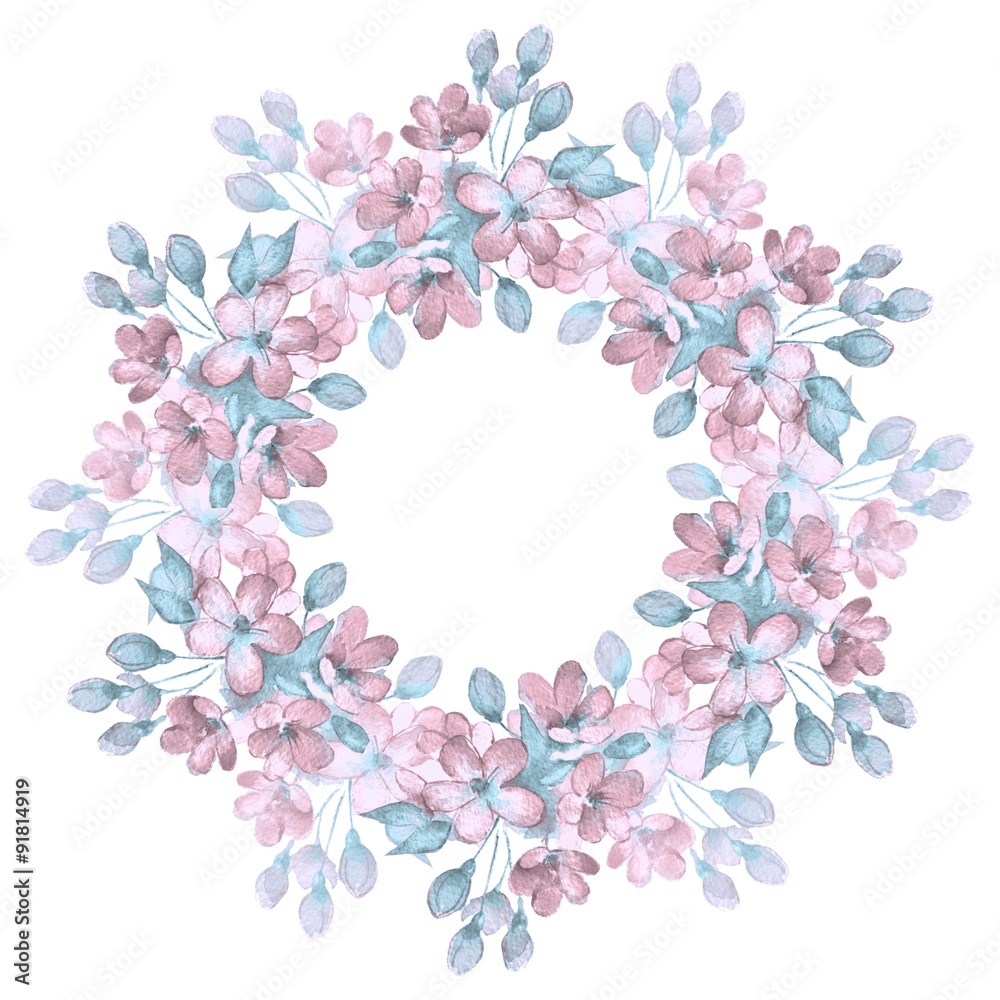 Branch with delicate flowers. Watercolor wreath 4 Branch with delicate flowers. Watercolor wreath 4