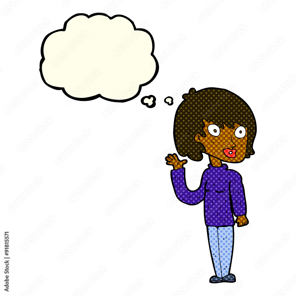 cartoon waving woman with thought bubble cartoon waving woman with thought bubble
