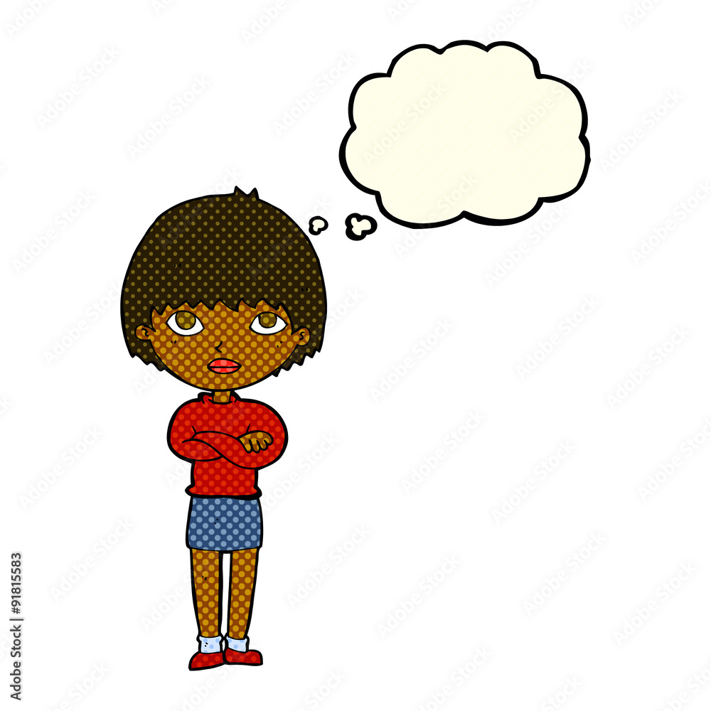 cartoon woman with crossed arms with thought bubble cartoon woman with crossed arms with thought bubble