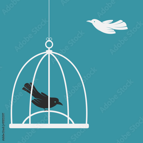 Vector image of a bird in the cage and outside the cage. Freedom
